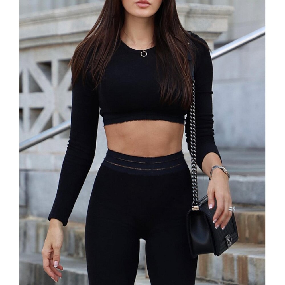 Alo Seamless Luxe Terry High-Waist Cuddle Legging Black Hi-Rise Slit Hem Bootcut - Picture 8 of 13